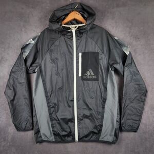 Adidas Windbreaker Running Jacket Mens Medium Black Gray Hooded Full Zip GV5307